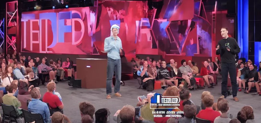 Image similar to jerma 9 8 5 doing a ted talk, wide shot, high resolution, editorial