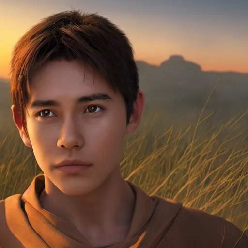 Image similar to a young male jedi with short dark blonde hair standing still looking at the sunset concept art by Doug Chiang cinematic, realistic painting, high definition, concept art, portait image, path tracing, serene landscape, high quality, highly detailed, 8K, soft colors, warm colors, turbulent sea, high coherence, anatomically correct, hyperrealistic, concept art, defined face, five fingers, symmetrical