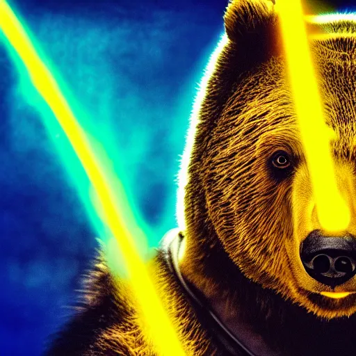 Image similar to portrait photo of a bear as a jedi, blue and yellow lighting, dark, cinematic, high quality, 4 k