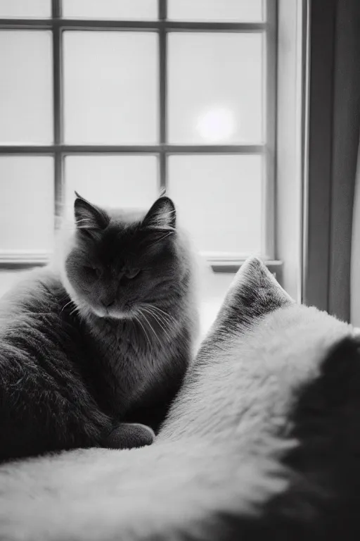 Image similar to “ fluffy grey cat lying on cat bed turning head to look out the window, lying on cat tree, cozy living room, warm, cotton, dramatic lighting, extremely high quality, leica m - a, lux 3 5 fle, portra 8 0 0 ”