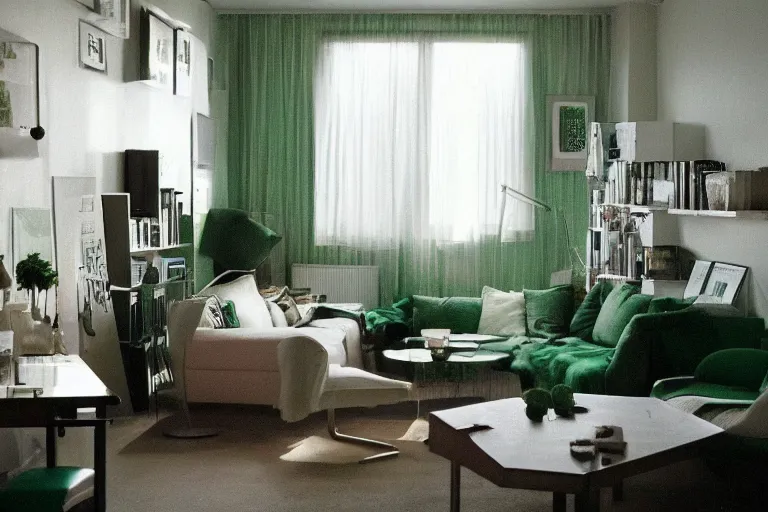 Image similar to apartment organization inspo green and fluffy, in 2 0 5 5, y 2 k cybercore, low - light photography, bathed in the glow of a crt monitor, still from a ridley scott movie