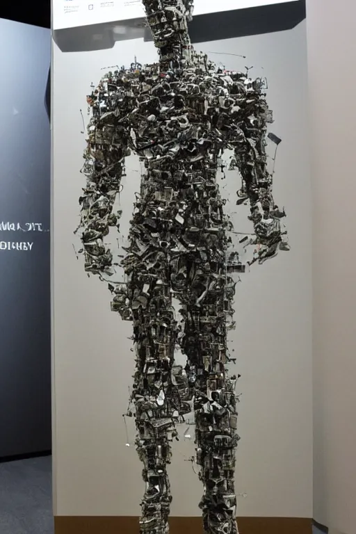 Prompt: A muscular man made entirely of electronic waste, full body, museum exhibit.