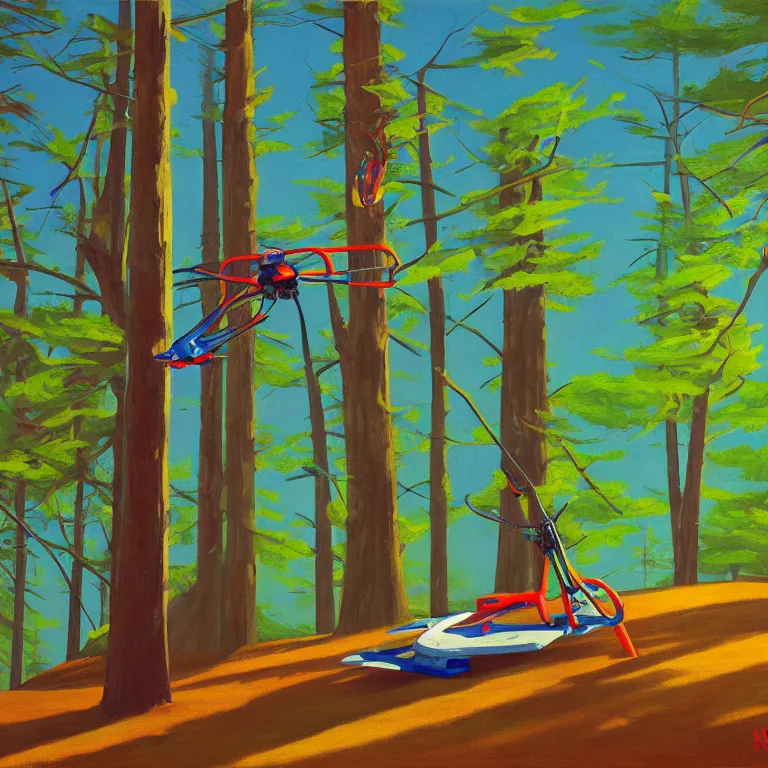 Image similar to neon quadracopter in the woods, painted by Edward Hopper, painted by James Gilleard, airbrush