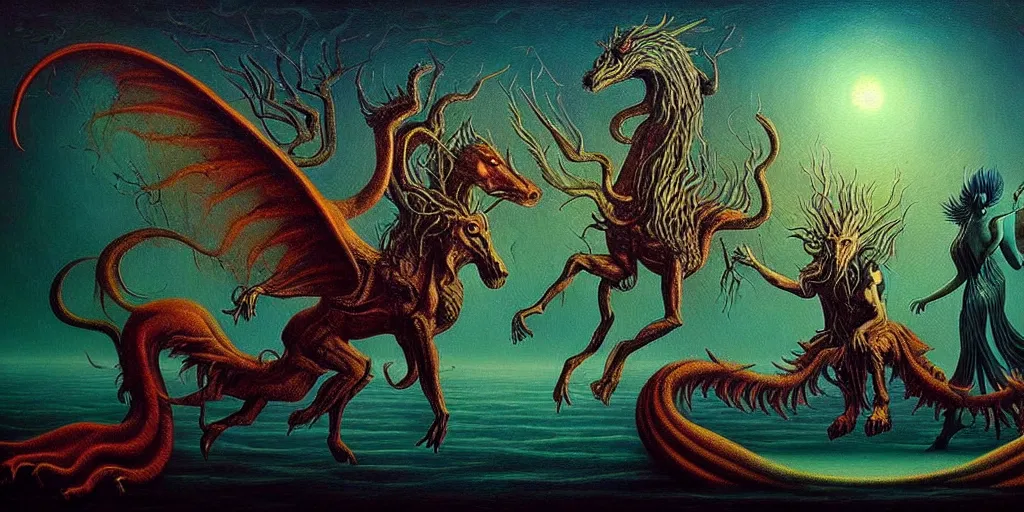 Image similar to mythical creatures and monsters in the imaginal realm of the collective unconscious, in a dark surreal painting by ronny khalil