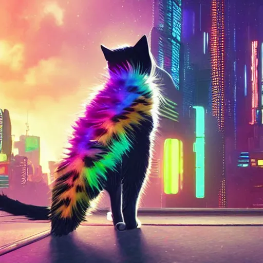 Prompt: a cat with rainbow fur in the style of cyberpunk 2077, 8k, hd