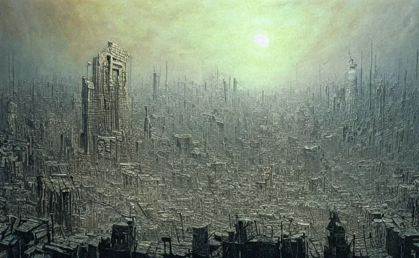 Prompt: A detailed painting of a devastated city whatched by a big skull madr in thr style of Beksinski