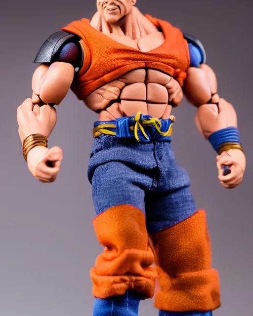 Image similar to a toy action figure of a fusion of dwayne johnson and goku, real life, studio lighting, professional photography