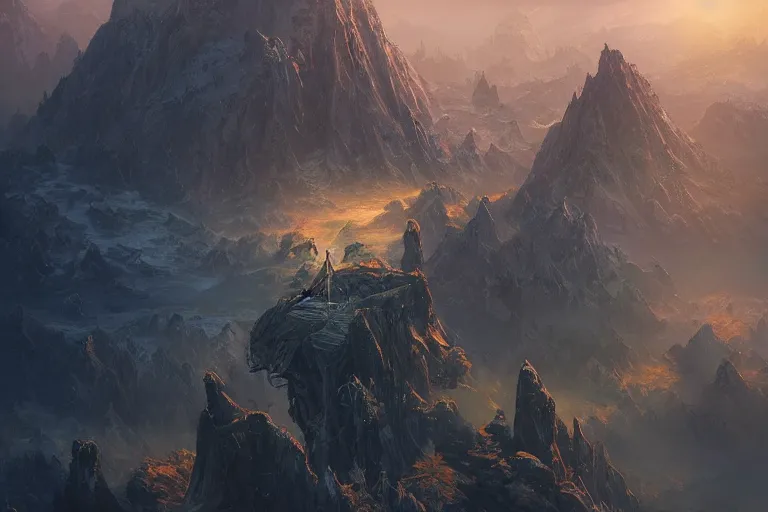 Image similar to high aerial shot, fantasy landscape, sunset lighting ominous shadows, cinematic fantasy painting, dungeons and dragons, coastline by jessica rossier and brian froud