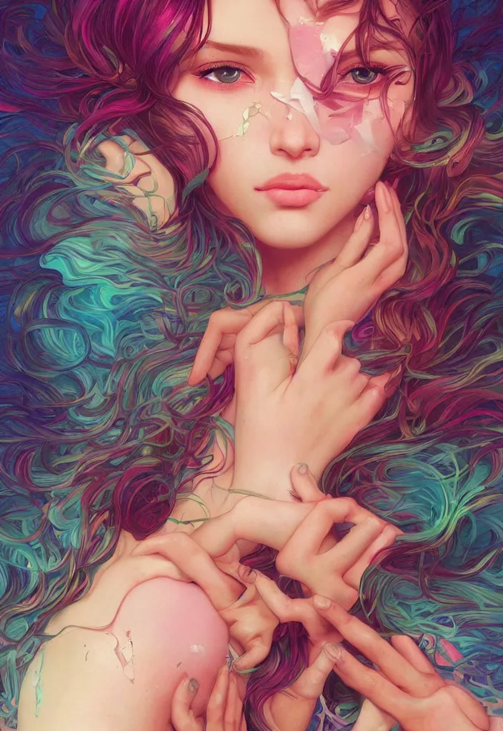 Image similar to beautiful, young woman, detailed gorgeous face, vaporwave aesthetic, synthwave, colorful, psychedelic, broken beaten, sadness, crying, artstation, concept art, smooth, extremely sharp detail, finely tuned detail, ultra high definition, 8 k, unreal engine 5, ultra sharp focus, illustration, art by artgerm and greg rutkowski and alphonse mucha