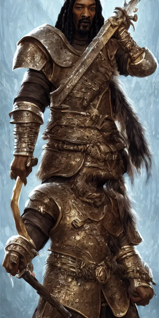 Image similar to snoop dogg as a barbarian, short beard, grumpy, plate armor, Ivan Aivakovsky, epic fantasy character art, D&D Concept Art, magic the gathering, full length, ultra Realistic, Regal, Refined, Detailed Digital Art, Exquisite detail, post-processing, masterpiece, Cinematic Lighting, Unreal Engine, 8k, HD,