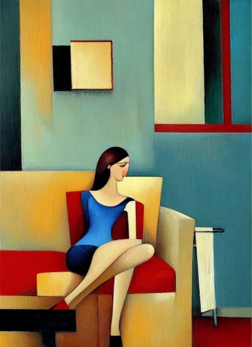 Prompt: figurative oil painting of a woman relaxing in her cosy home, art by didier lourenco, spanish modernism style, patterned background, balanced and aesthetically pleasing natural colors