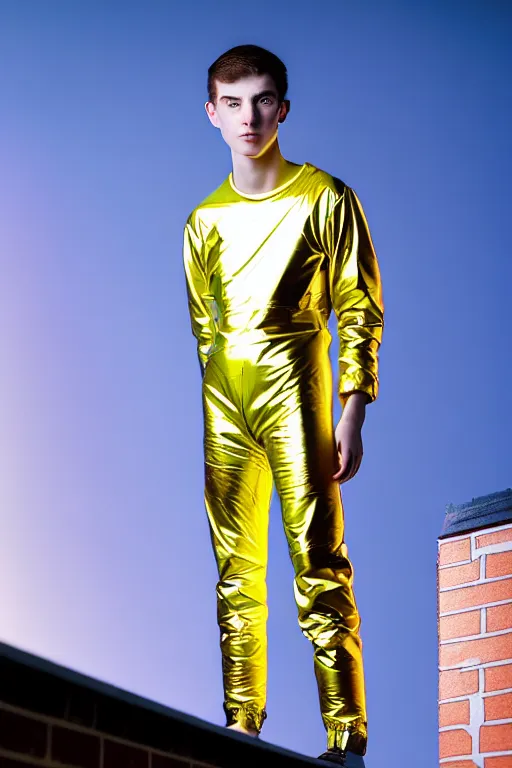 Image similar to un ultra high definition studio quality photographic art portrait of a young man standing on the rooftop of a british apartment building wearing soft inflatable padded iridescent fresnel refractive clothing. three point light. extremely detailed. golden ratio, ray tracing, volumetric light, shallow depth of field. set dressed.