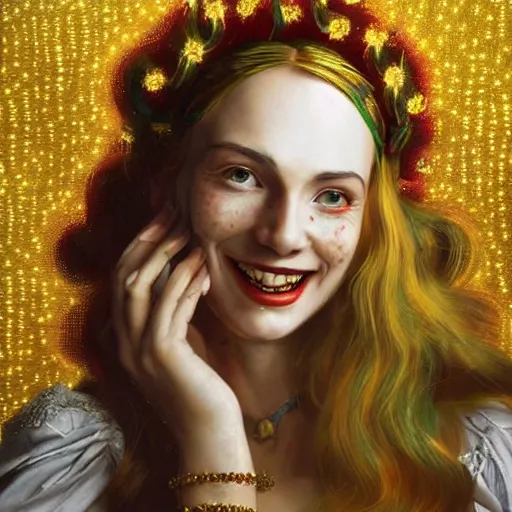 Prompt: a totally amazed smiling pretty supermario surrounded by golden firefly lights in a mesmerizing scene, fully covering intricate detailed bohemian outfit, long loose red hair, precise linework, accurate green eyes, small nose with freckles, beautiful smooth oval head, expressive emotions, hyper realistic ultrafine portrait by artemisia gentileschi, jessica rossier, greg rutkowski, artgerm