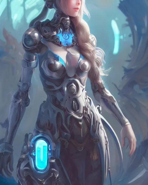 Image similar to holy cyborg necromancer girl, elegant, scifi, futuristic, utopia, garden, illustration, atmosphere, top lighting, blue eyes, white hair, beautiful, artstation, highly detailed, art by yuhong ding and chengwei pan and serafleur and ina wong