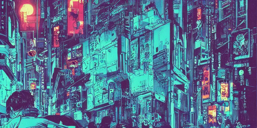 Prompt: a close - up grainy risograph painting of cyberpunk japanese glance matte poster, cellophane accessories, blue hour, twilight, by moebius and lehr paul