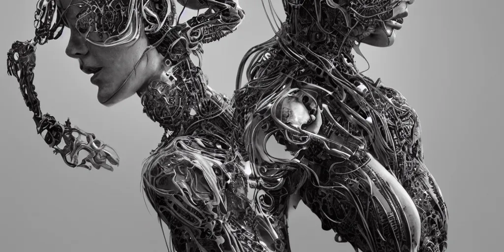 Image similar to hyper realistic photography of a stunningly beautiful cyborg female, plated arm, intimate, chest, holding close, ribbons, in the style of beth cavener, jin kagetsu,, and wlop, highly detailed, intricate filigree, symmetry, masterpiece, award winning, sharp focus, concept art, highkey lighting, ambient lighting, octane render, 8 k, artstation