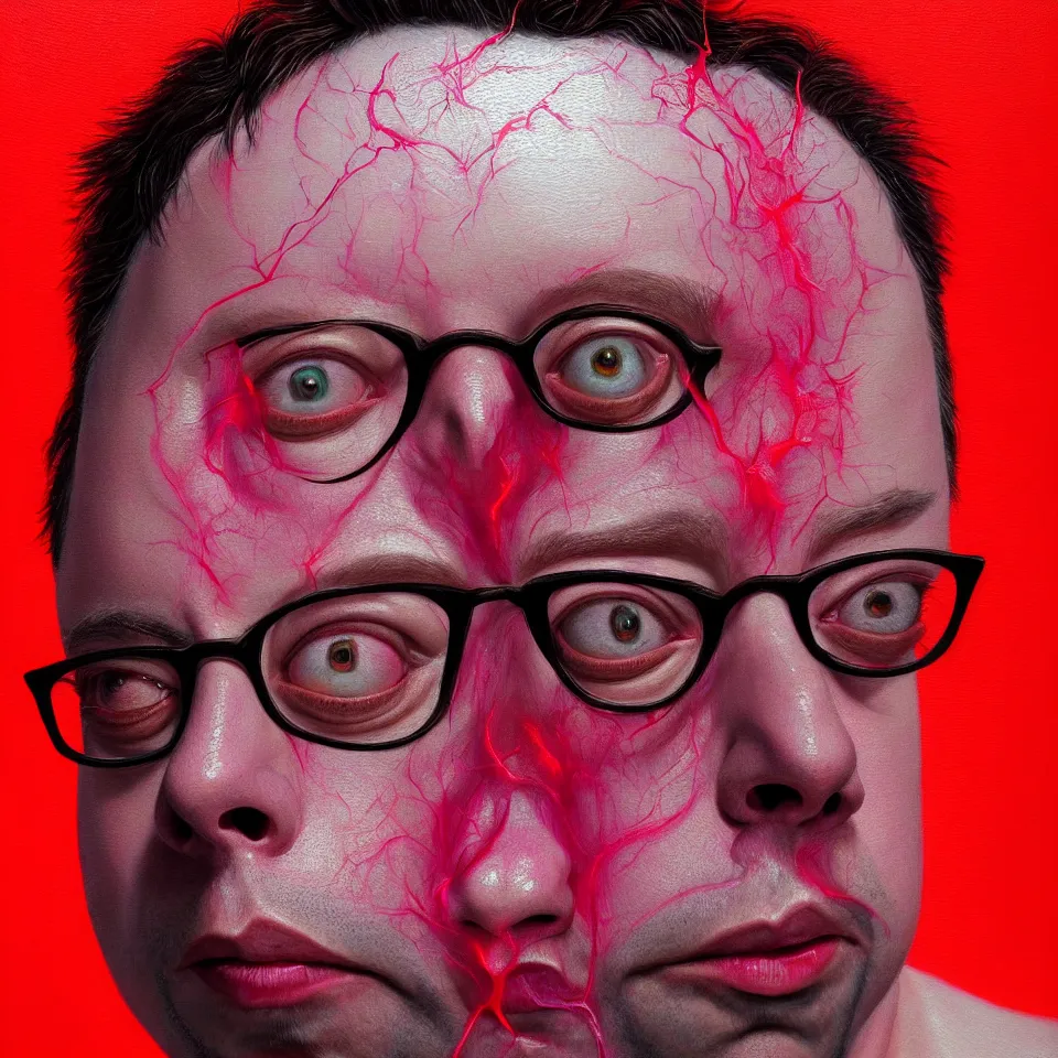 Image similar to bright realistic todd solondz turning into god and satan, diffuse lighting, fantasy, intricate, elegant, highly detailed, lifelike, photorealistic, digital painting, artstation, illustration, concept art, smooth, sharp focus, art by francis bacon