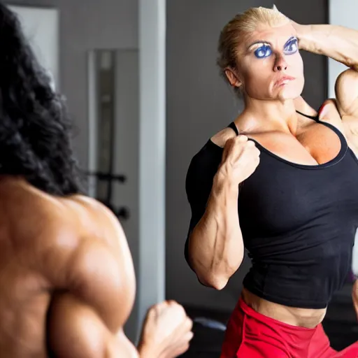 Prompt: female bodybuilder looking skeptically at her reflection in a full body mirror