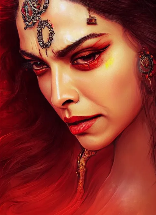 Prompt: A beautiful portrait of a Deepika Padukone as the Devil from movie Bedazzled, digital art by Eugene de Blaas and Ross Tran, vibrant color scheme, highly detailed, in the style of cinematic, artstation, Greg rutkowski