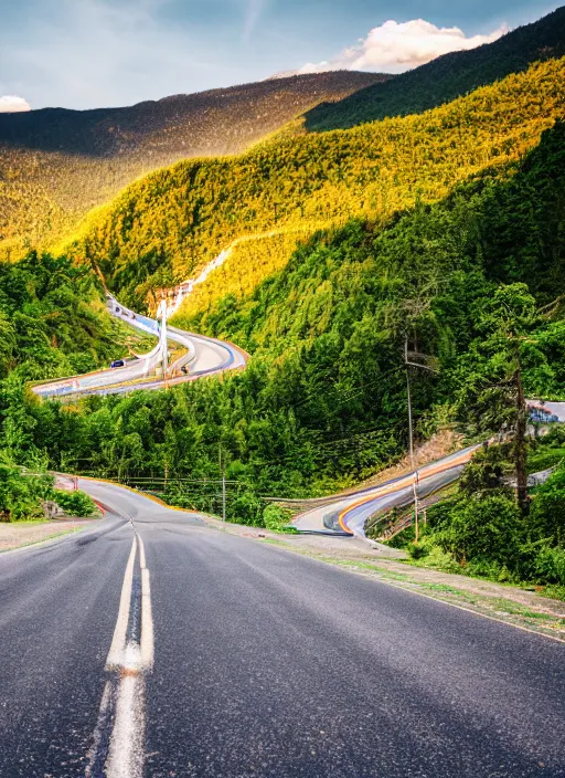 Image similar to a 2 8 mm macro photo of a winding mountain highway, fluffy clouds at sunset, lush greenery, splash art, movie still, bokeh, canon 5 0 mm, cinematic lighting, dramatic, film, photography, golden hour, depth of field, award - winning, anamorphic lens flare, 8 k, hyper detailed, 3 5 mm film grain, hazy