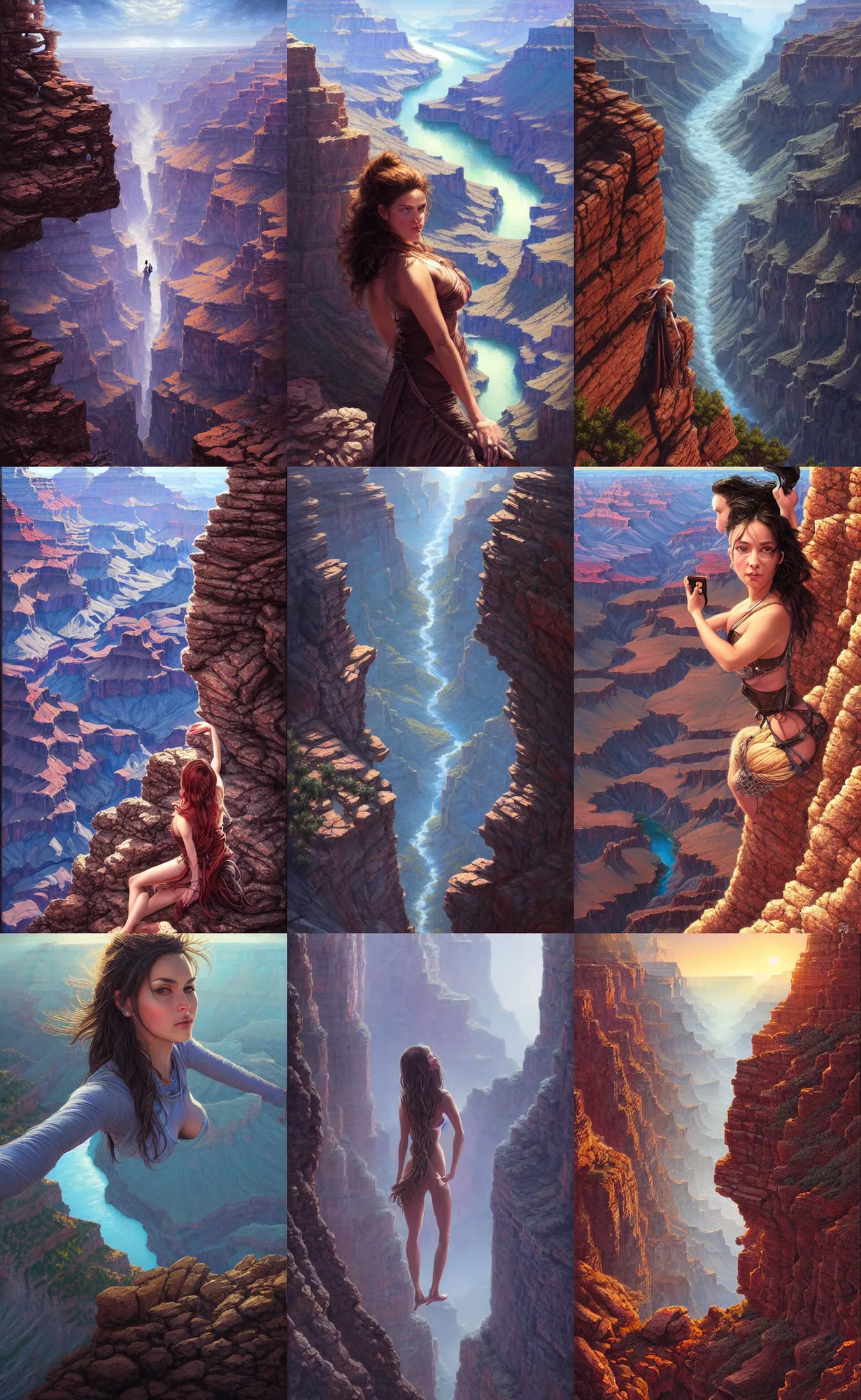 Prompt: closeups high angle selfie of a beautiful woman taken at the rim of the grand canyon, background view looking down in into dark canyon, fantasy digital painting, intricately detailed, highly detailed, artwork by greg rutkowski, artwork by ross tran, artwork by randy vargas, artwork by artgerm, artwork by alex garner, trending on artstation