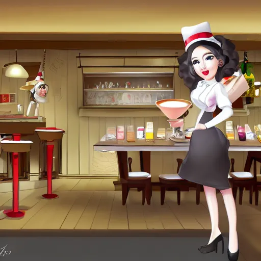 Prompt: beautiful female sheep anthropomorphic working as a waitress, cartoon, digital art, full character, high detail drawing