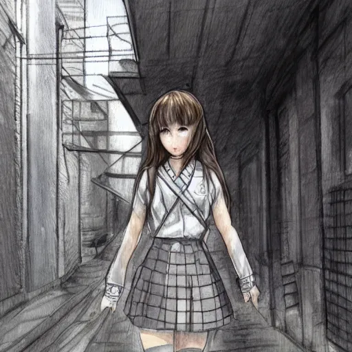 Image similar to a perfect, realistic professional digital sketch of a Japanese schoolgirl posing in a sci-fi alleyway, style of Marvel, full length, by pen and watercolor, by a professional American senior artist on ArtStation, a high-quality hollywood-style sketch, on high-quality paper