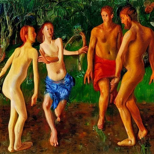 Image similar to 4 peoples dancing in the garden of eden, happy, painted by Asger Jorn, Peter Doig, minimalist oil paint with thick brushstrokes of paint, ultra detailed, realistic, 8k