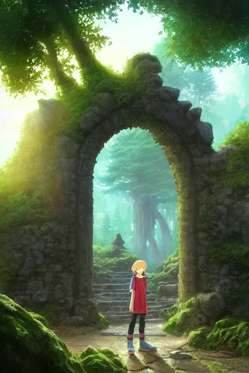 Image similar to a highly detailed matte painting of a teenager with shaggy hair and hip clothes standing in front of a stone gate in the elven forest ruins, by studio ghibli, by artgerm, by wlop, by greg rutkowski, red tones, volumetric lighting, octane render, 4 k resolution, trending on artstation, masterpiece