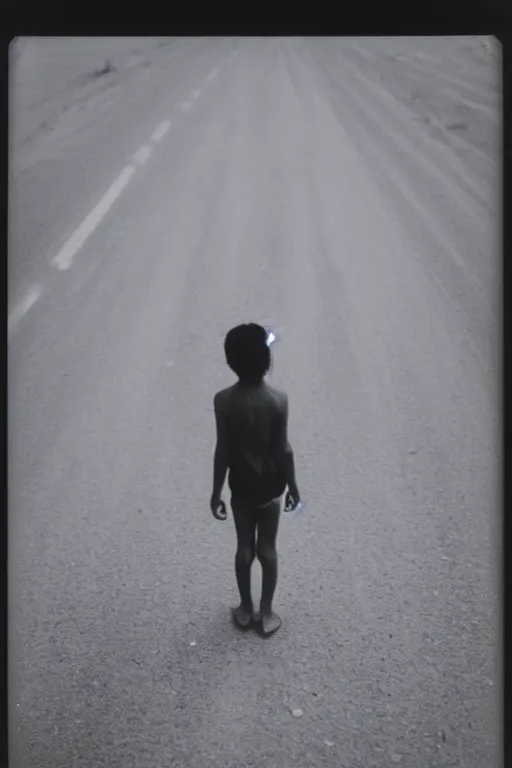 Image similar to photo polaroid of sad and lonely child in the middle of the street, sahara desert, loneliness, black and white ,photorealistic, 35mm film,