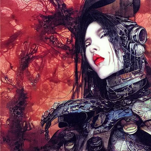 Image similar to “ a simple concept art portrait of a destiny witch with full armor set, an award winning yoshitaka amano digital art, by adrian ghenie and gerhard richter. art by takato yamamoto. masterpiece, deep colours. ”