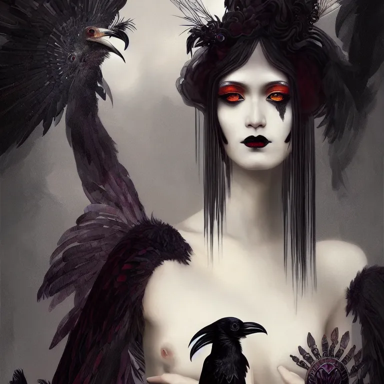 Image similar to breathtaking detailed concept art painting art deco portrait of a goth goddess amalgamation raven, by hsiao - ron cheng, bizarre compositions, exquisite detail, extremely moody lighting, 8 k