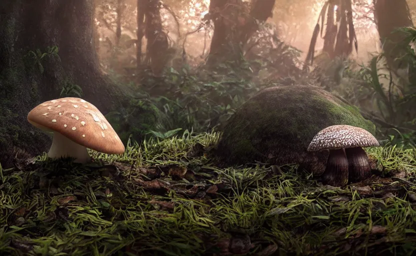 Prompt: a beautiful render of a mushroom growing out of a human a skull in a rainforest, sunset lighting, intricate detail, hazy, humid, volumetric lighting, god rays, 8 k, photorealistic, raytracing effects, unreal engine 5