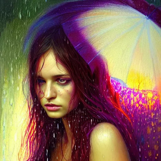 Image similar to professional portrait of girl in psychedelic rain with wet hair and face, fantasy, intricate, elegant, dramatic lighting, intense emotion, highly detailed, lifelike, photorealistic, digital painting, artstation, concept art, smooth, sharp focus, illustration, art by John Collier and Albert Aublet and Krenz Cushart and Artem Demura and Alphonse Mucha