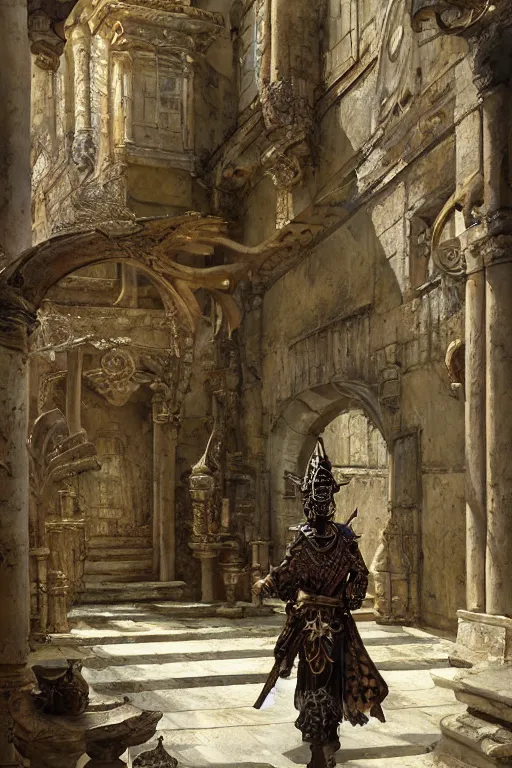 Prompt: an biomechanical palace guard walking through the byzantine courtyard by anders zorn, wonderful, mandelbulb 3 d buildings, fractal designs, dynamic, masterpiece by greg rutkowski, beautiful cinematic light, by greg manchess, jessica rossier