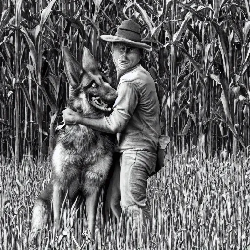 Image similar to a humanoid german shepherd beast - man hugging his friend in a corn field vintage sepia detailed 8 k