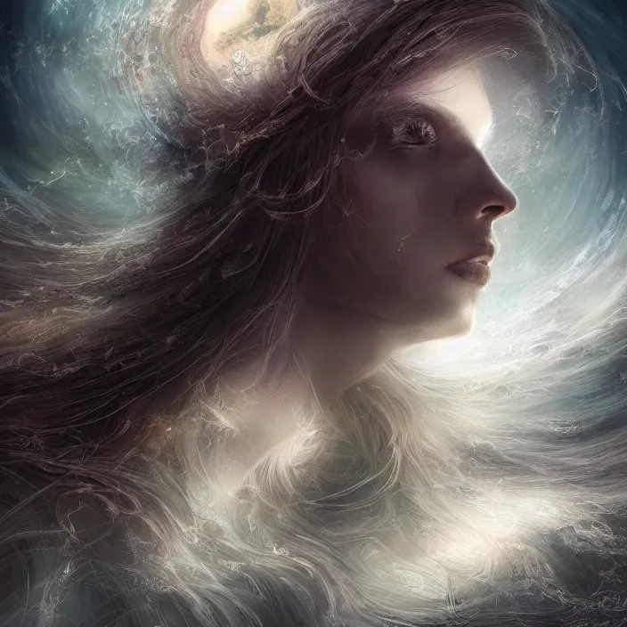 Image similar to beautiful celestial woman with long hair wrapping downward around earth seen for space, hyper-detailed, smooth, sharp focus, depth map, digital painting, apocalyptic art, fantasy dark art, 4k ultra hd, cinematic