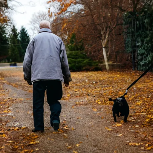 Image similar to elderly man walking a terrifying and evil creature, leash, park, canon eos r 3, f / 1. 4, iso 2 0 0, 1 / 1 6 0 s, 8 k, raw, unedited, symmetrical balance, wide angle