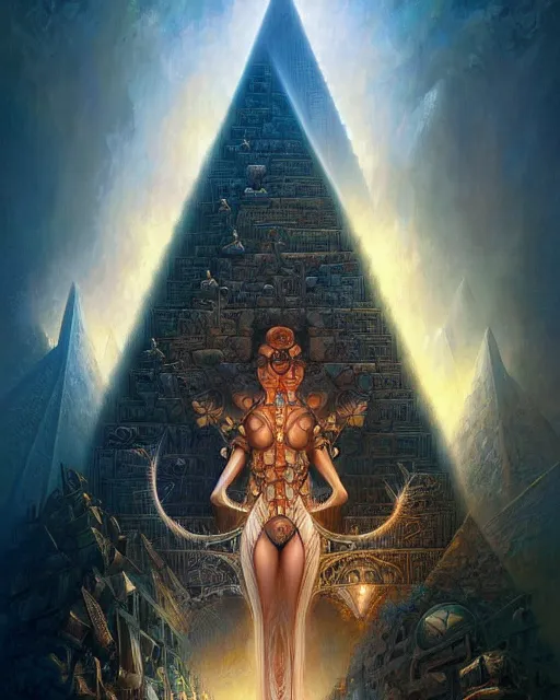 Image similar to inside a fractal pyramid made of pyramids and eyes fantasy character portrait, ultra realistic, wide angle, intricate details, blade runner artifacts, highly detailed by peter mohrbacher, boris vallejo, hajime sorayama aaron horkey, gaston bussiere, craig mullins