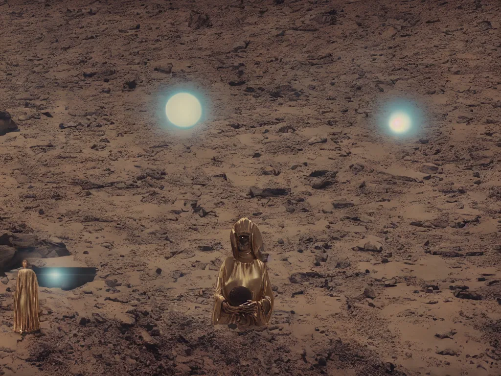 Prompt: glowing bene gesserit in full - face golden glowing mask in a black rocky desert landscape with alienabandoned city beneath the sand and giant alien spaceship in the sky and solar eclipse by christopher doyle and alejandro jodorowsky, anamorphic lens, kodakchrome, cinematic composition, very detailed photo, 8 k,