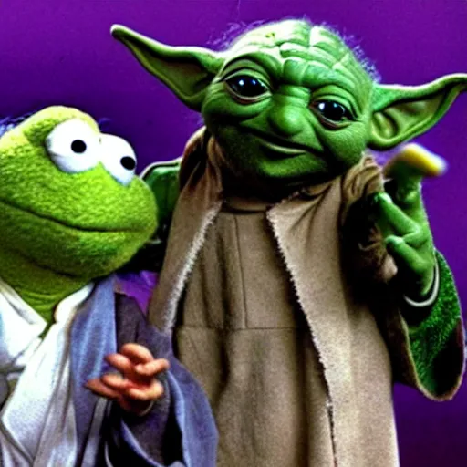 Prompt: yoda hosting the muppet show