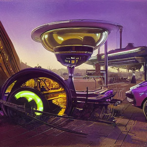 Image similar to painting of syd mead artlilery scifi organic electric car charging station with ornate metal work lands on a farm, fossil ornaments, volumetric lights, purple sun, andreas achenbach