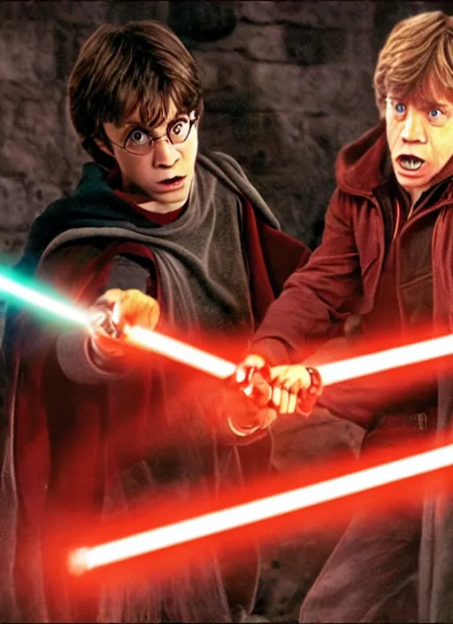 Prompt: Brutal combat Harry Potter vs Luke Skywalker. Film still. Harry Potter on the left side and Luke Skywalker with red light saber on the right side in Hogwarts near a broken X-wing ship, high detail