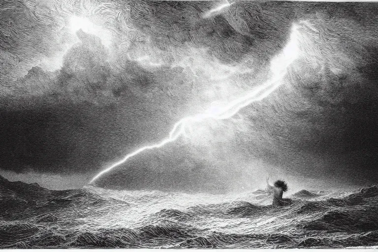 Image similar to black and white, young french woman illuminated by a beam of light through detailed stormy clouds in the sea, demons fly in background, Gustave Dore lithography