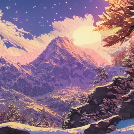 Image similar to the aesthetic view of the beautiful, grand, wistful, dreamy snowcapped mountain at dusk, hyperrealistic anime illustration by iralki nadar, colorful, extremely detailed, intricate linework, super sharp focus, bright colors, octopath traveler, studio ghibli, unreal engine 5 highly rendered, global illumination, radiant light, detailed and intricate environment