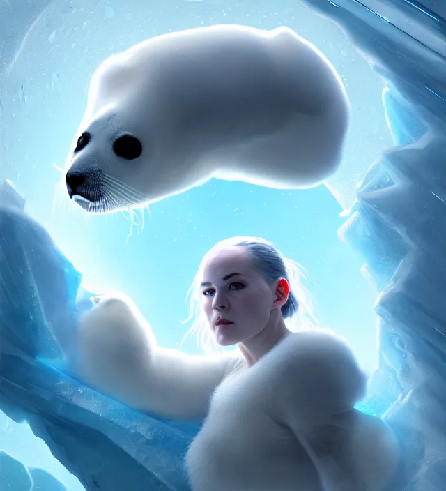 Image similar to portrait of a cyborg robot baby harp seal emerging from from an ice river, cinematic lighting, photorealistic, octane render, 8 k, depth of field, art by artgerm and greg rutkowski and alphonse mucha and uang guangjian