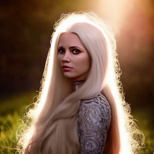 Image similar to a beautiful royal princess with long white hair, very fair, cinematic lighting scant