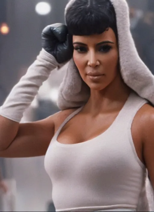 Prompt: film still of kim kardashian as rocky balboa in rocky,