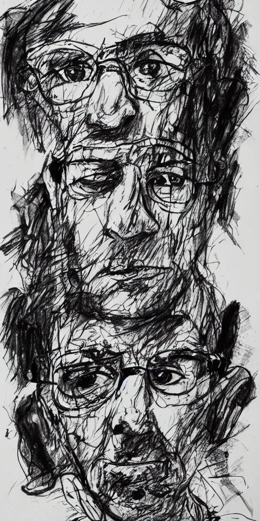 Image similar to a loose wild messy ink sketch portrait of a self portrait in the style of ralph steadman, caricature, dramatic