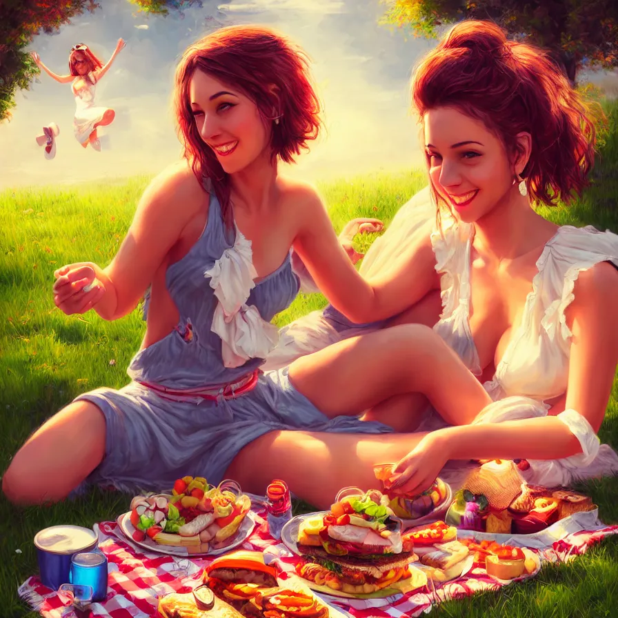 Prompt: epic professional digital portrait of 🧸🧺 picnic, happy, cheerful, fun, celebration, detailed, hdr, 4 k, best on wlop, pixiv, stunning, gorgeous, much wow, cinematic, masterpiece